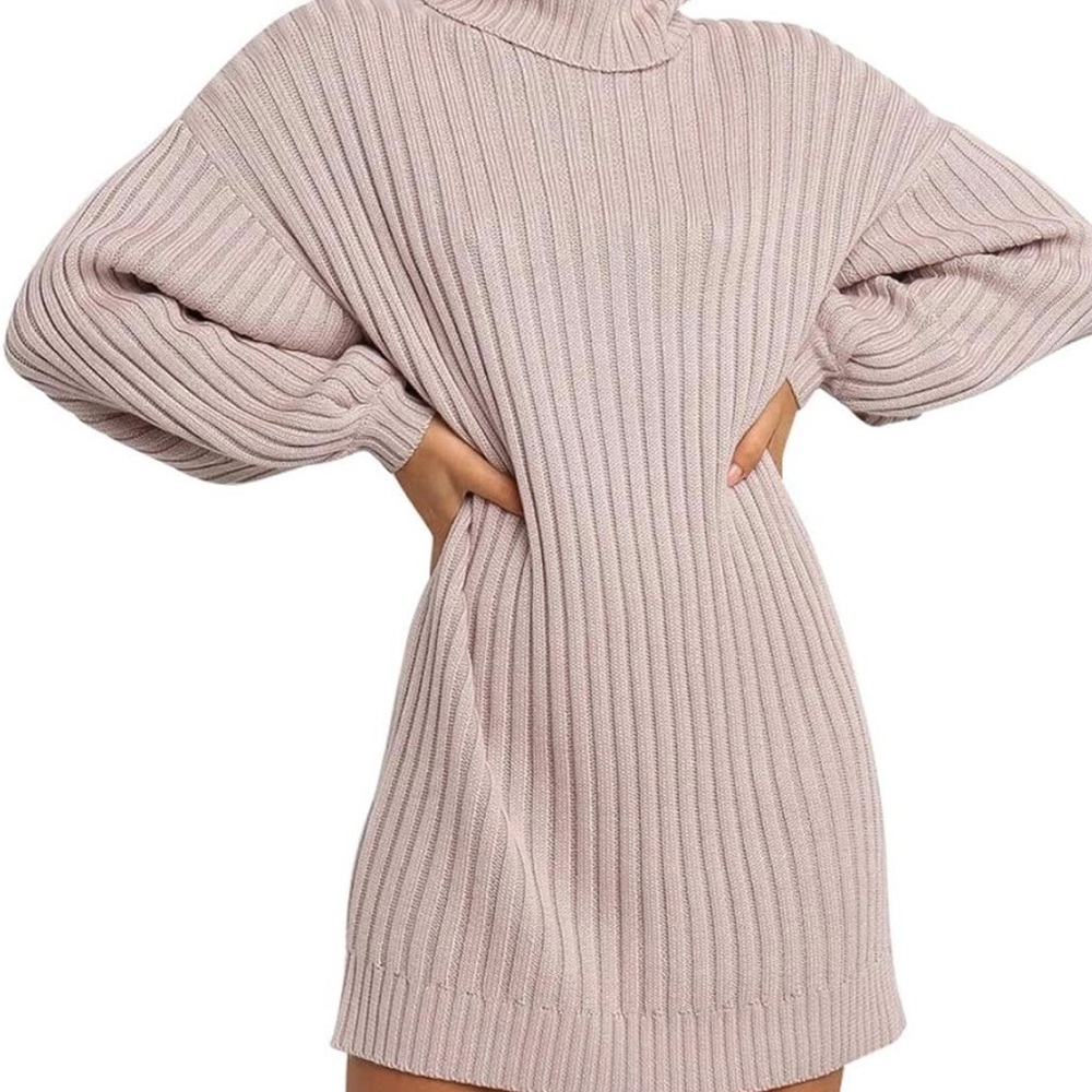 Chic Ribbed Knit Sweater Dress in Soft Pink